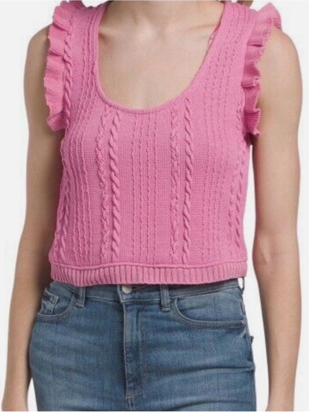 Zara Pink Ruffled Cable-Knit Crop Tank